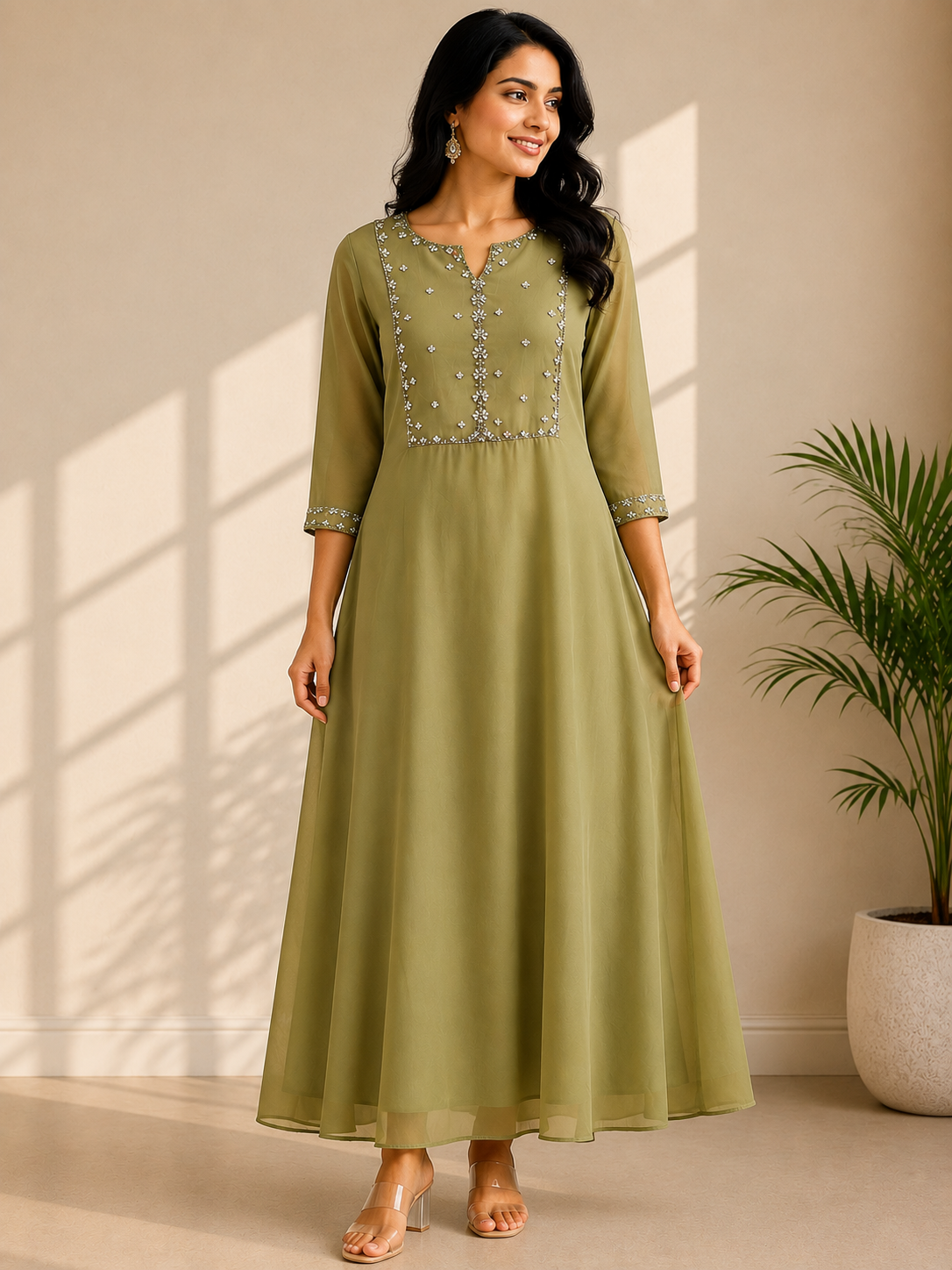 Serene Olive Green Georgette Kurti with Delicate Sequin & Glass Beadwork