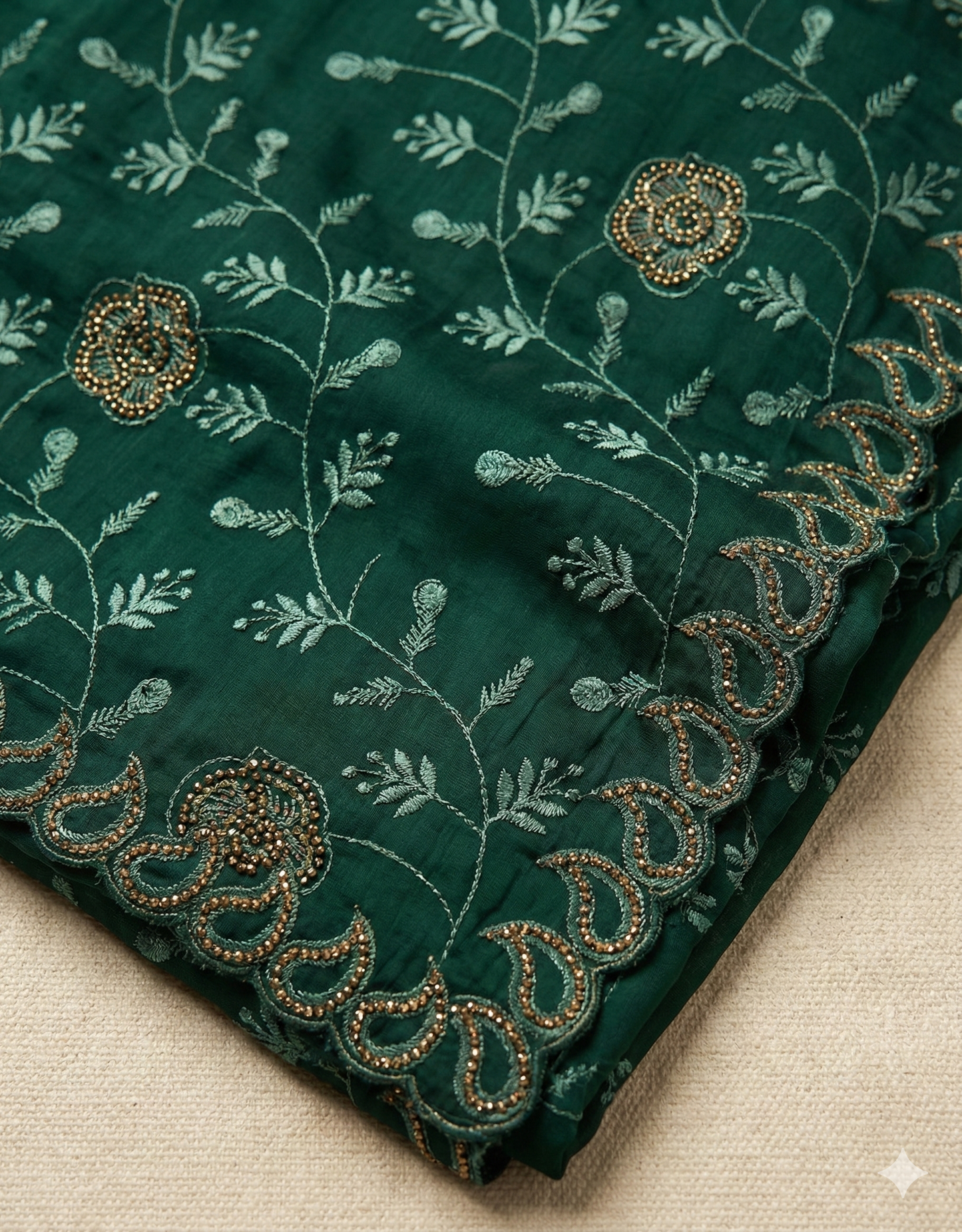 Dark Green Embroidered Saree with Stone Work & Scalloped Border