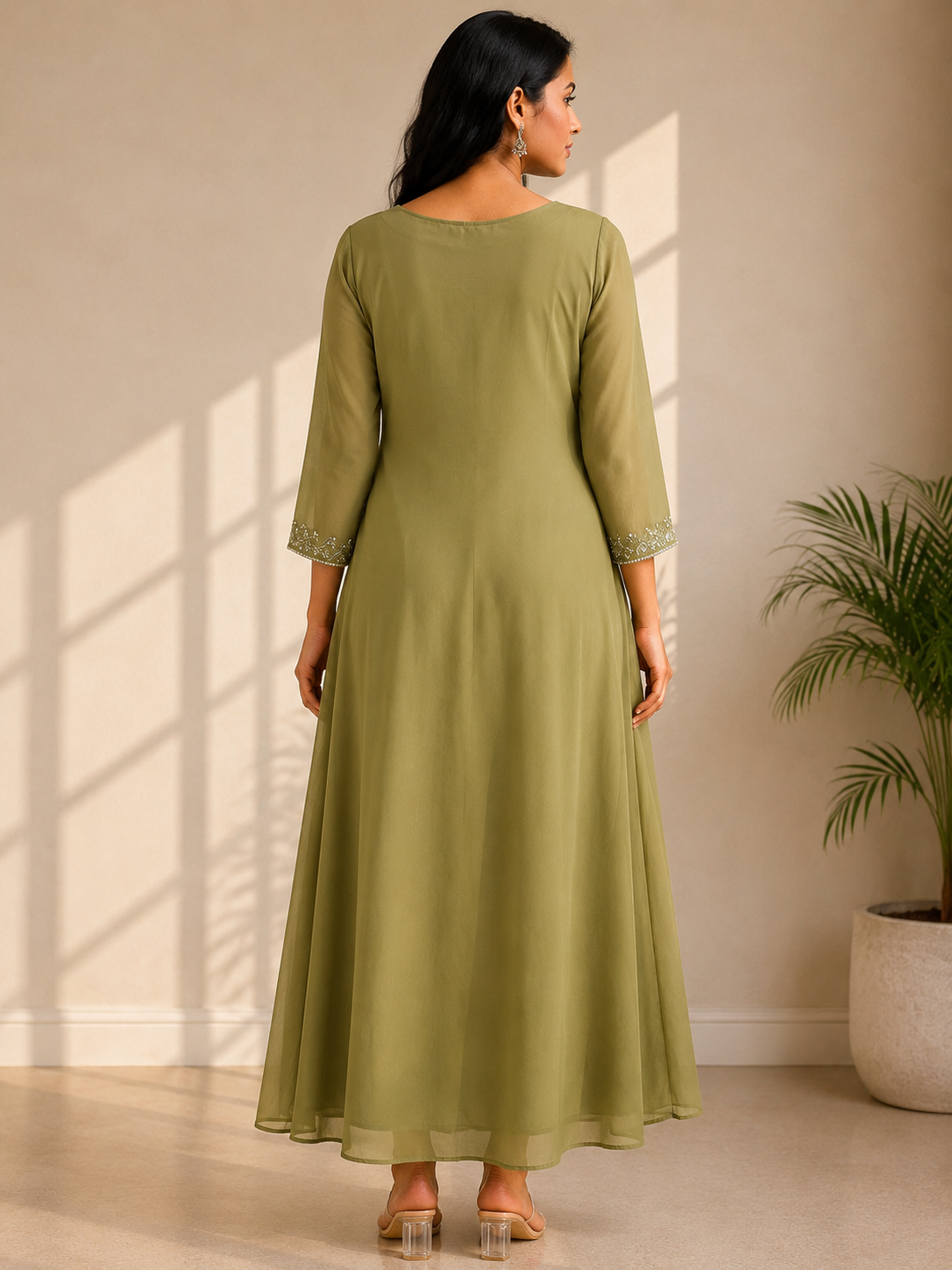Serene Olive Green Georgette Kurti with Delicate Sequin & Glass Beadwork