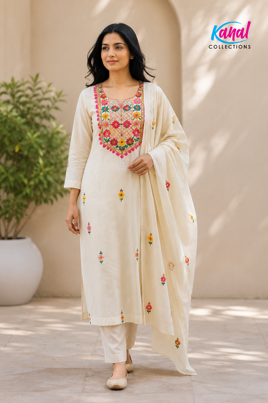 Mul Chanderi 3-Piece Salwar Suit Set with Floral Embroidery