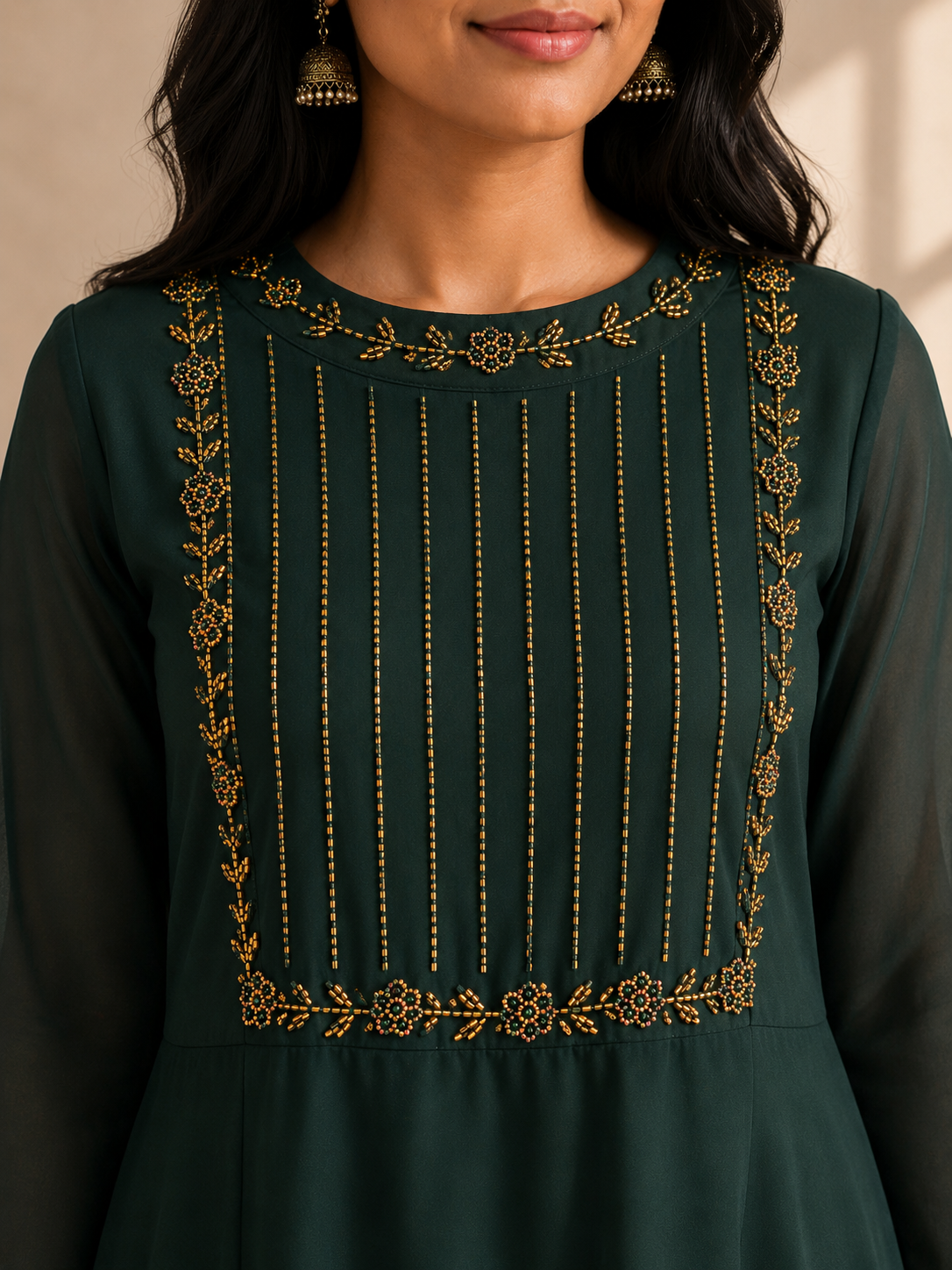 Sophisticated Bottle Green Georgette Kurti with Elegant Bugle Bead Work