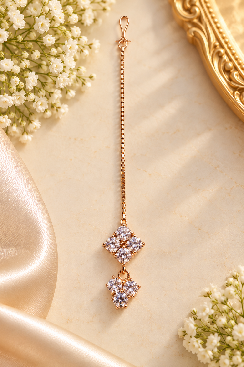 Rose Gold Crystal Maang Tikka – Elegant Indian Festive Jewellery
