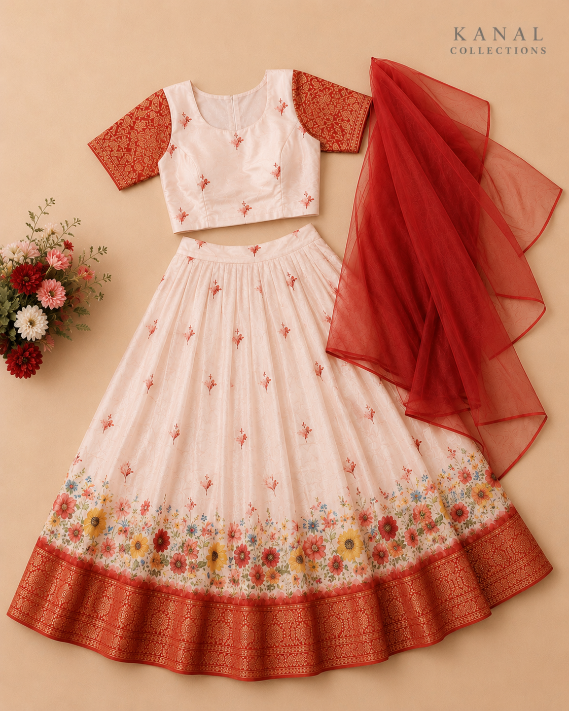 Model of a Dhavani in an ivory floral lehenga set with a red dupatta, perfect for Onam celebrations in Australia. Available at Kanal Collections, Brisbane.