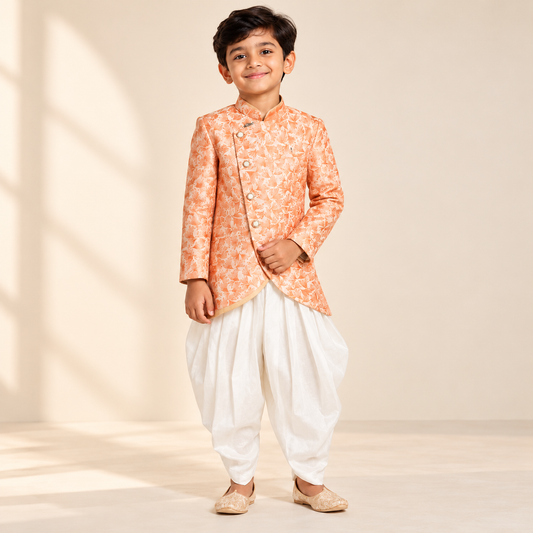 Peach Floral Sherwani with White Dhoti Pants for Boys