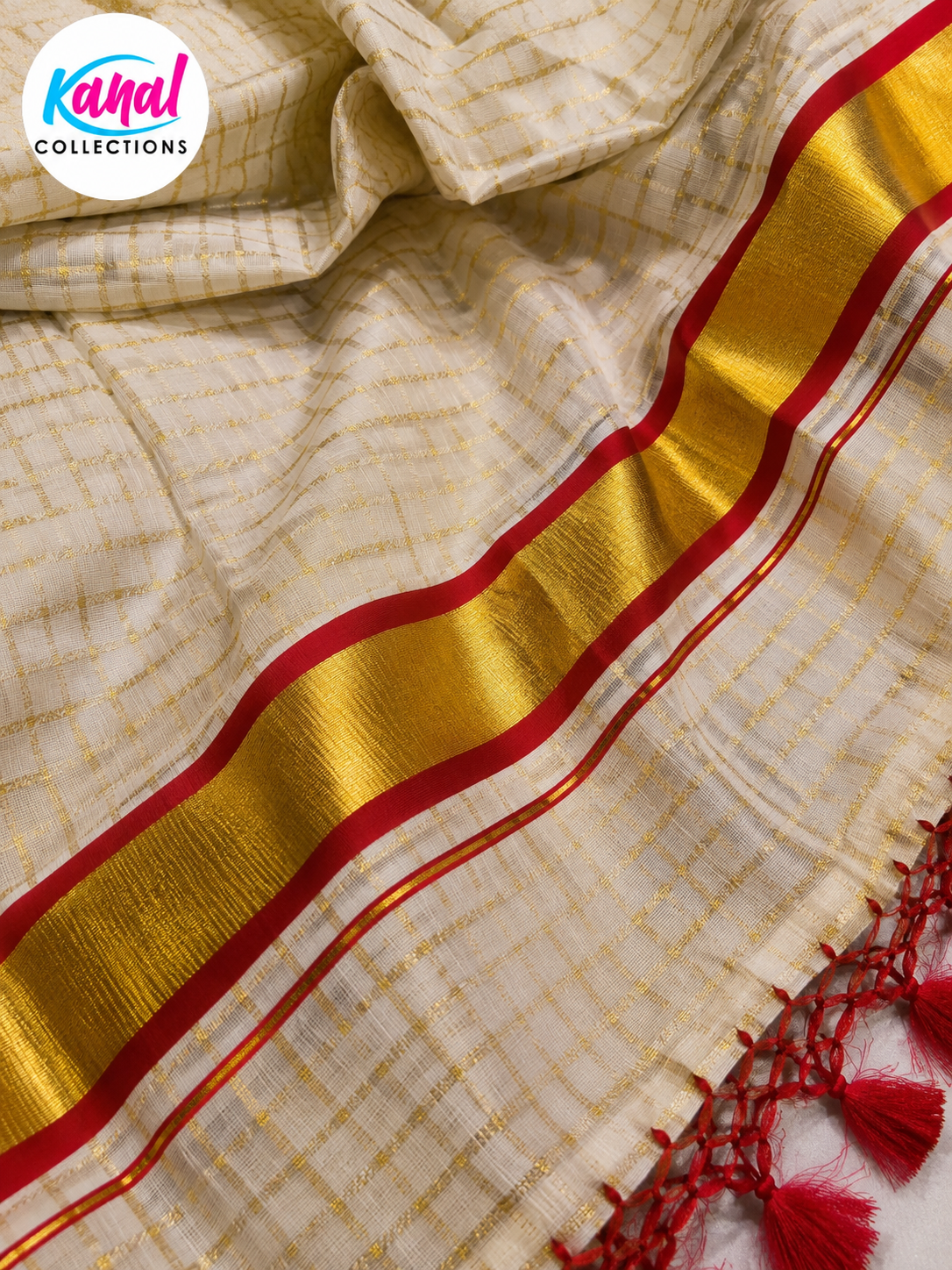 Close-up of a saree with gold and red border, brand 'Kanal Collections' visible.
