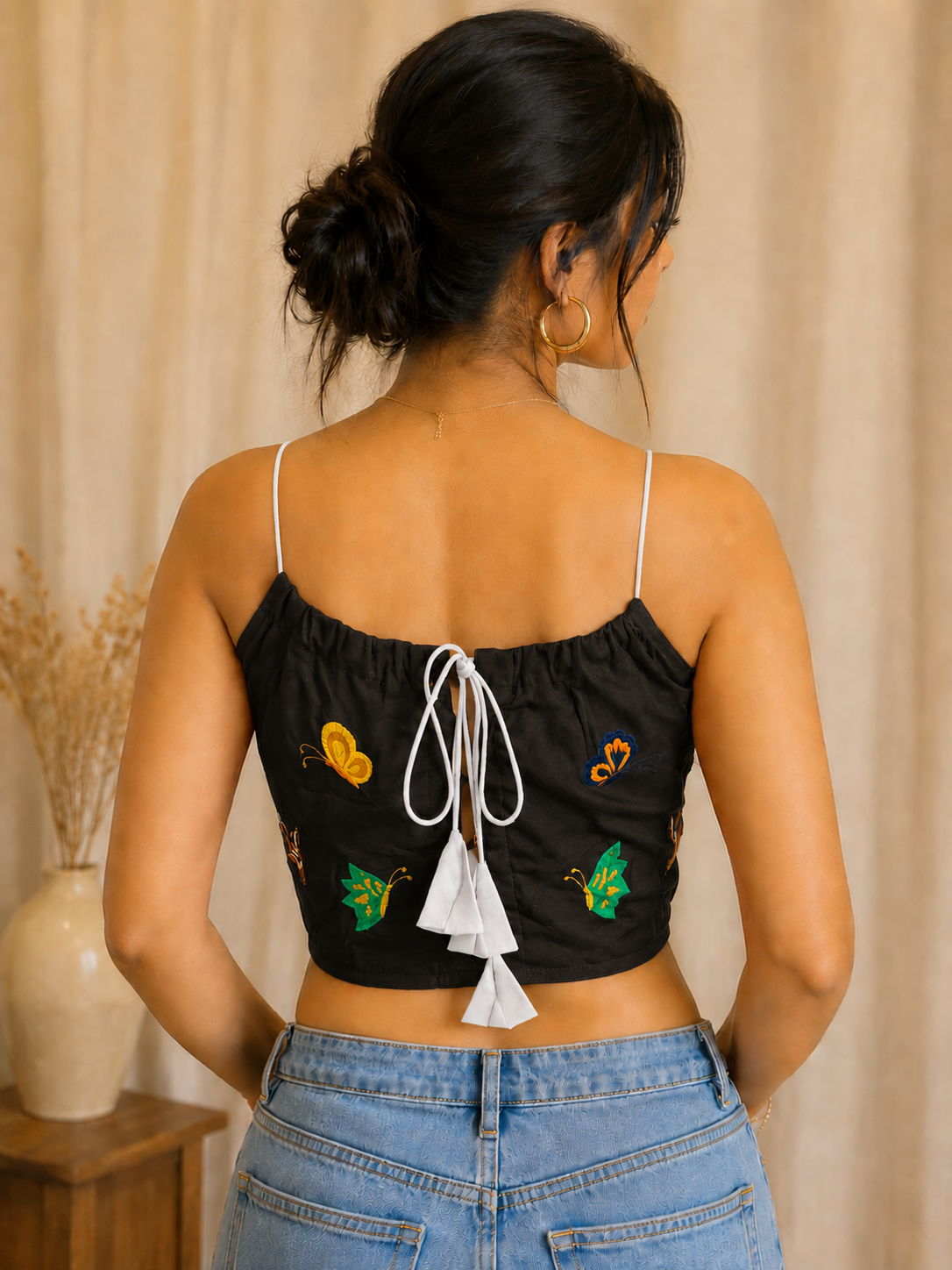 Butterfly Embroidered Cotton Strappy Blouse – Classic Black