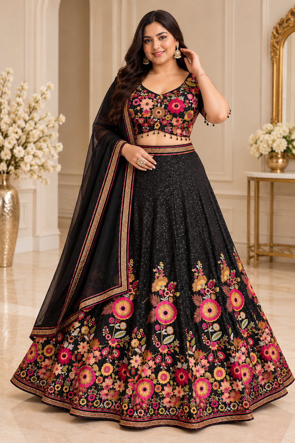 Black Floral Embroidered Lehenga Choli Set | Viscose Fabric | L–XL