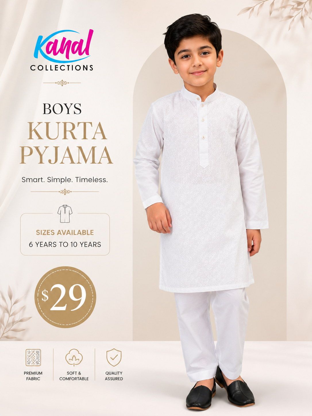  A young boy modeling a Kanal Collections white embroidered cotton kurta pyjama set for kids aged 6 to 10 years, priced at twenty-nine dollars.