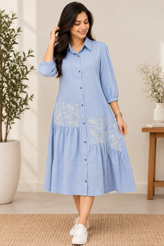 Sky Blue Embroidered Button-Down Midi Dress