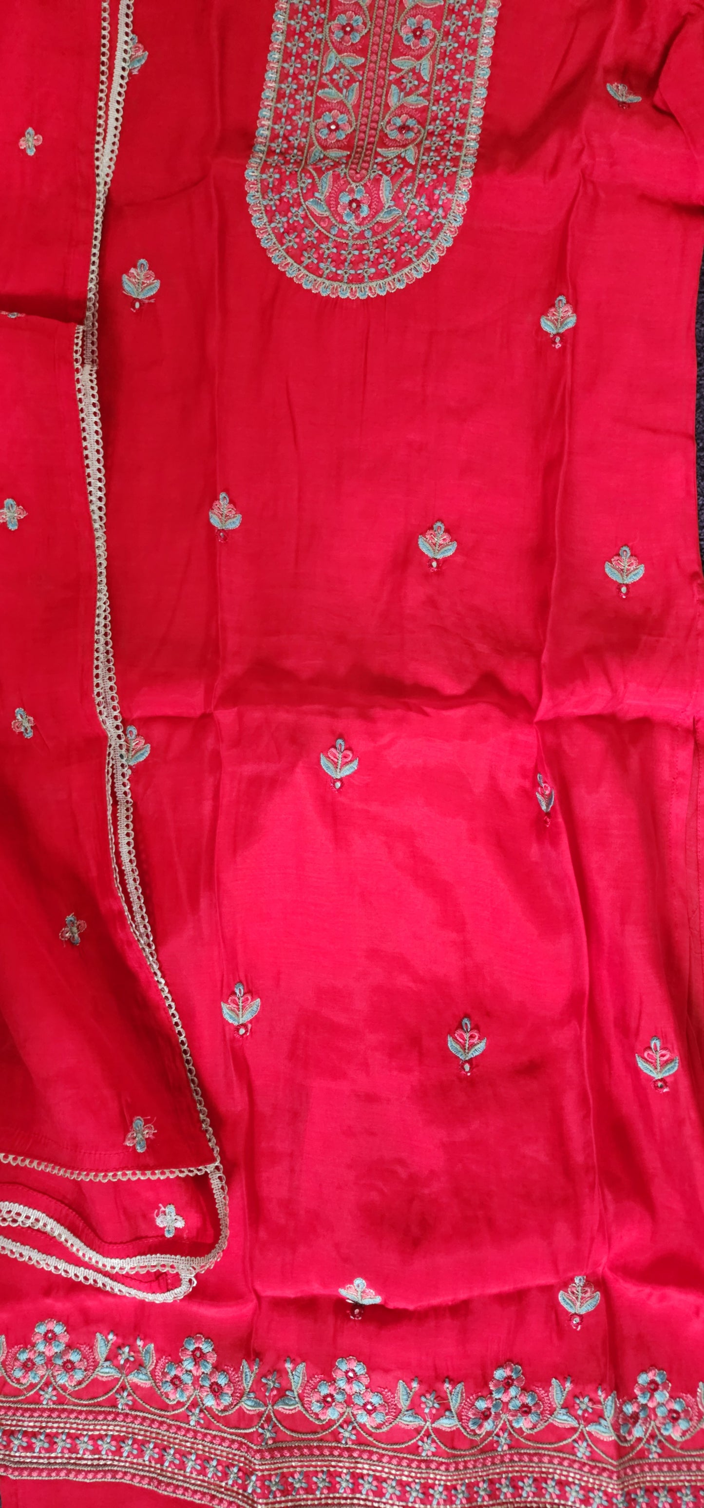 Ruby Red Zari Embroidered Chanderi Suit Set
