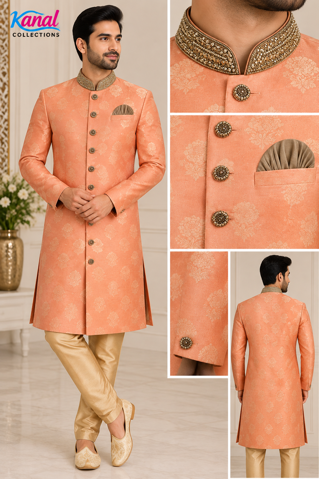PEACH & GOLD DESIGNER SHERWANI FOR MEN