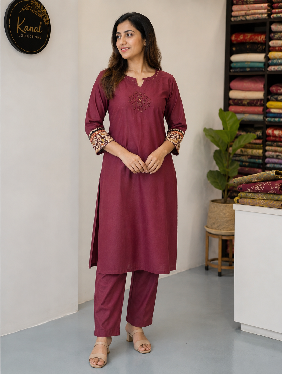 A woman modeling a three-piece maroon kurta set with matching trousers in a clothing store. The kurta features a split neckline and embroidered details on the sleeves, with matching trousers.