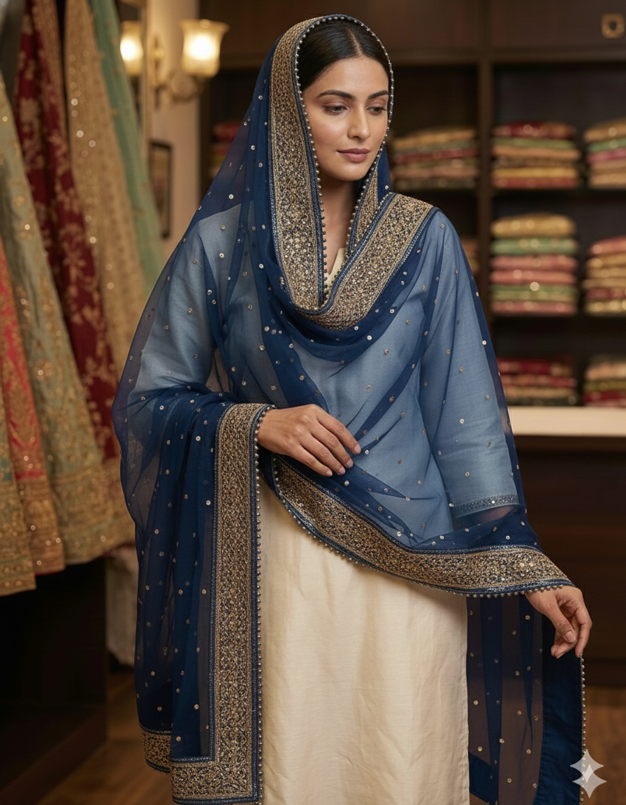 ✨ Net Dupatta with Beadwork & Lace Border – Kanal Collections ✨