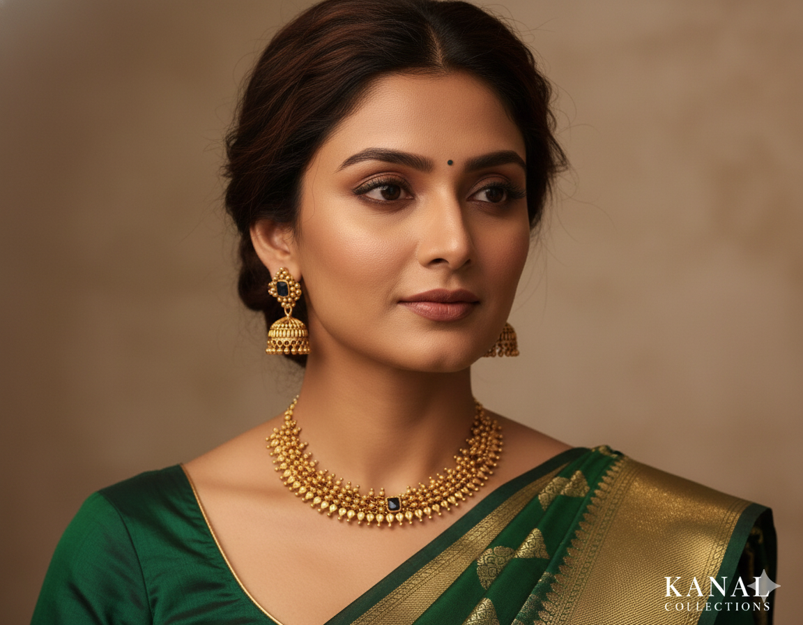 Antique Gold-Tone Cluster Bead Choker Set with Sapphire Blue Accents