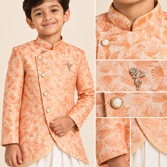Peach Floral Sherwani with White Dhoti Pants for Boys