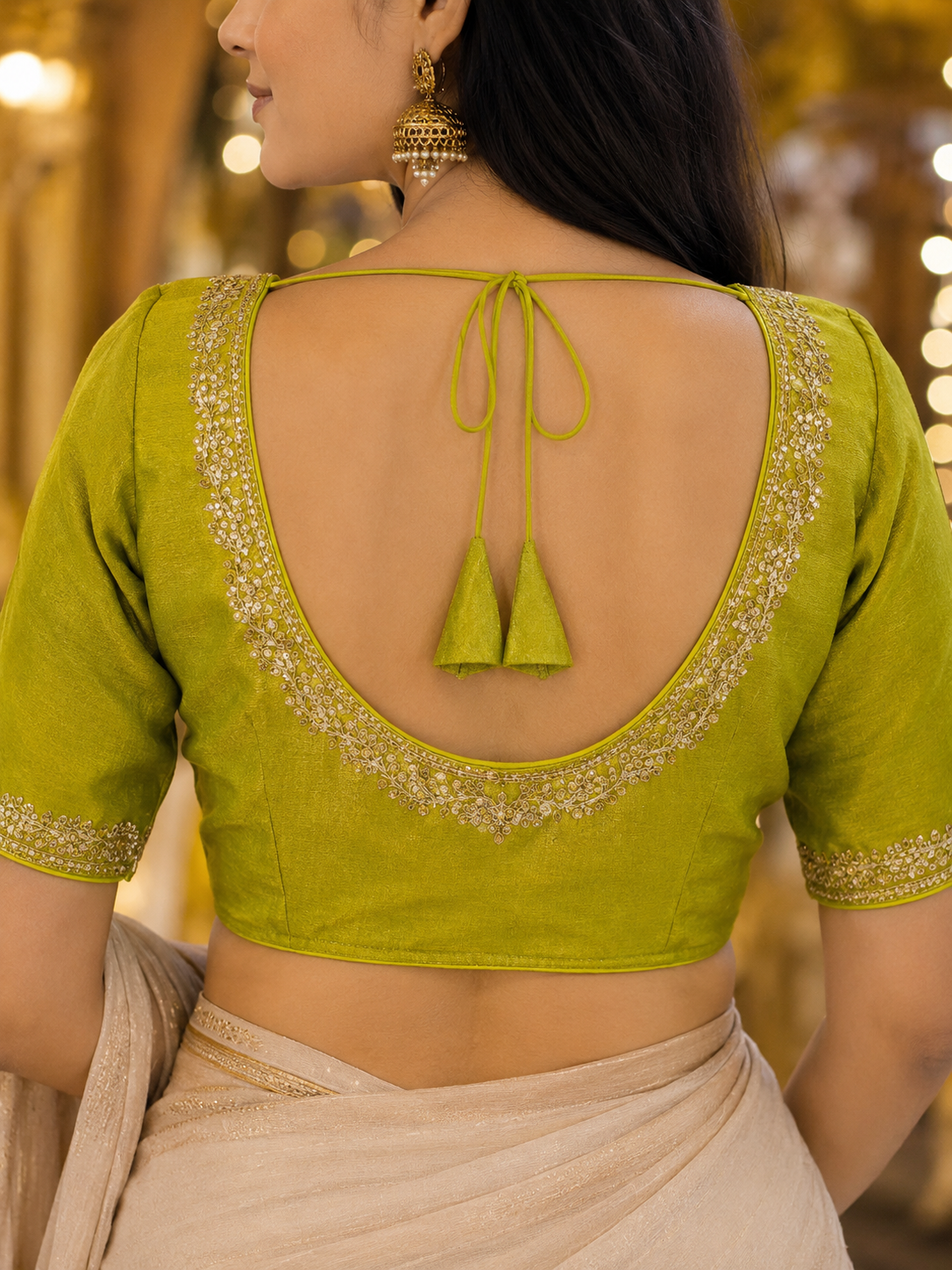 Lime Green Vichitra Silk Embroidered Blouse