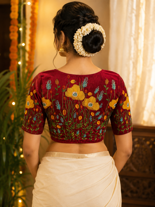 Crimson Elegance Embroidered Saree Blouse