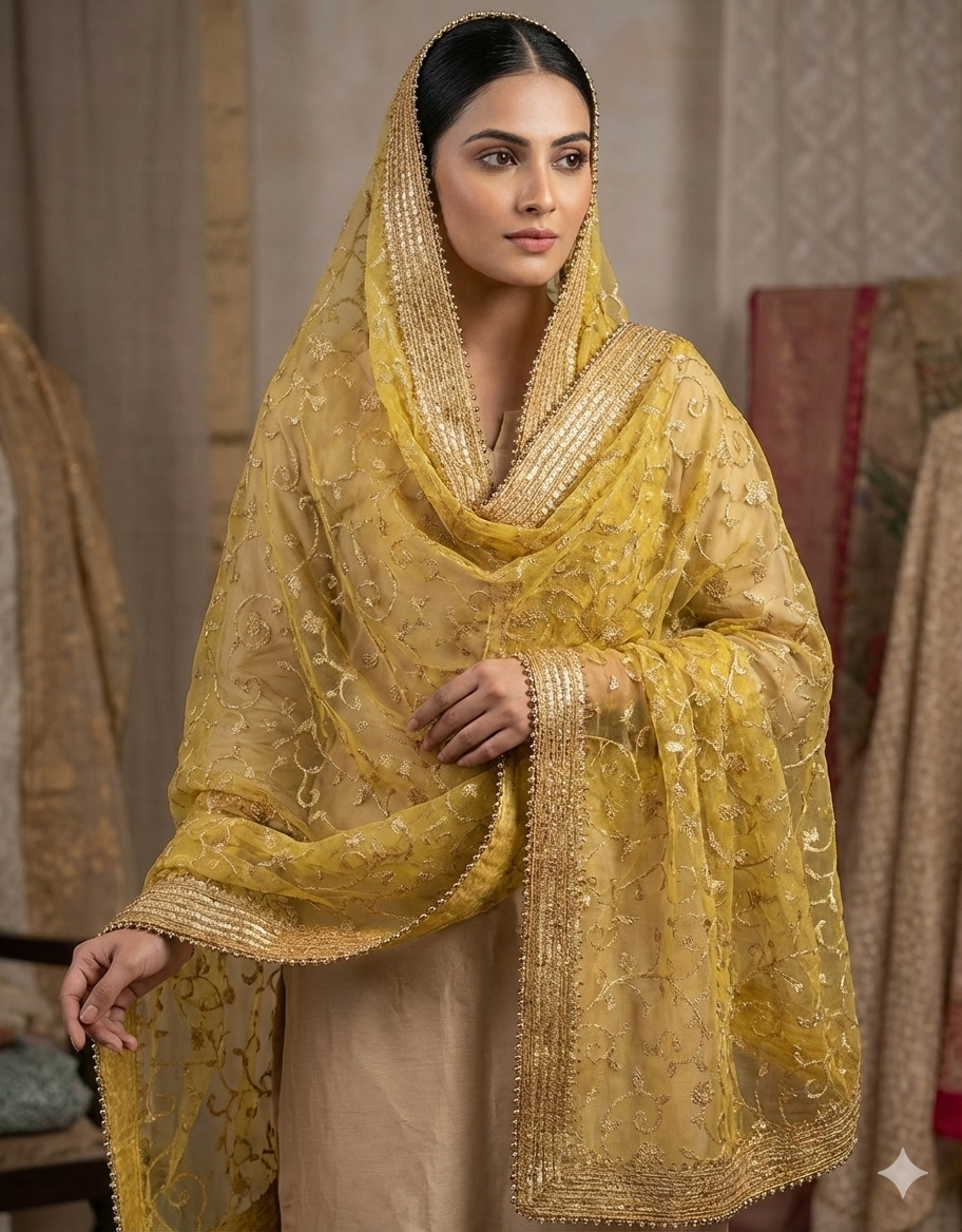 ✨ Net Dupatta with Embroidery Beadwork & Lace Border