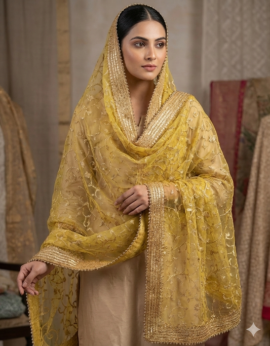 ✨ Net Dupatta with Embroidery Beadwork & Lace Border