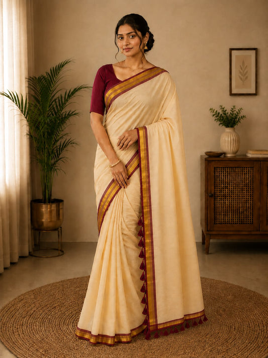 Beige Mul Cotton Saree with Maroon Border