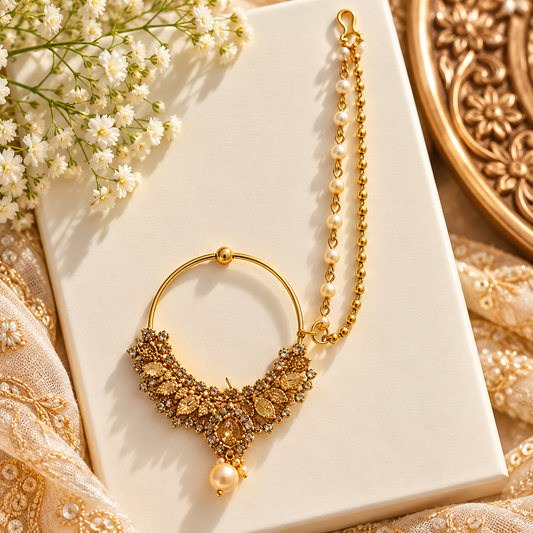 Gold-Tone Bridal Nath with Pearl Drop and Dual Chains