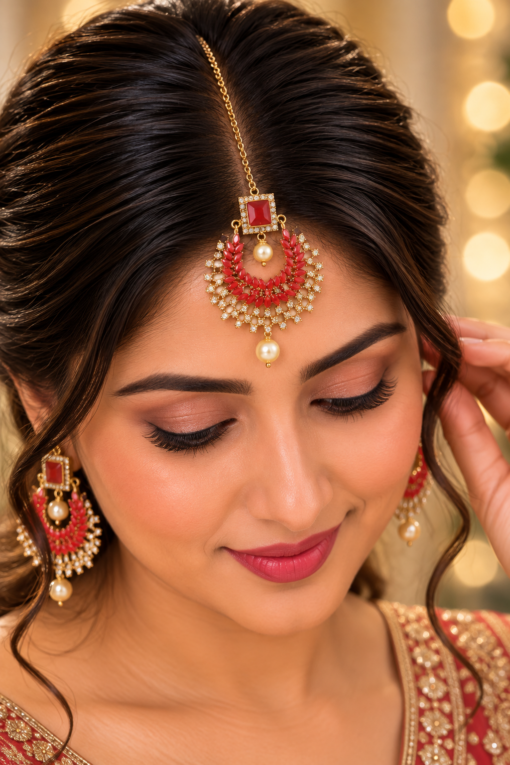 Red and Gold Maang Tikka with Pearl Drops – Bridal Jewellery