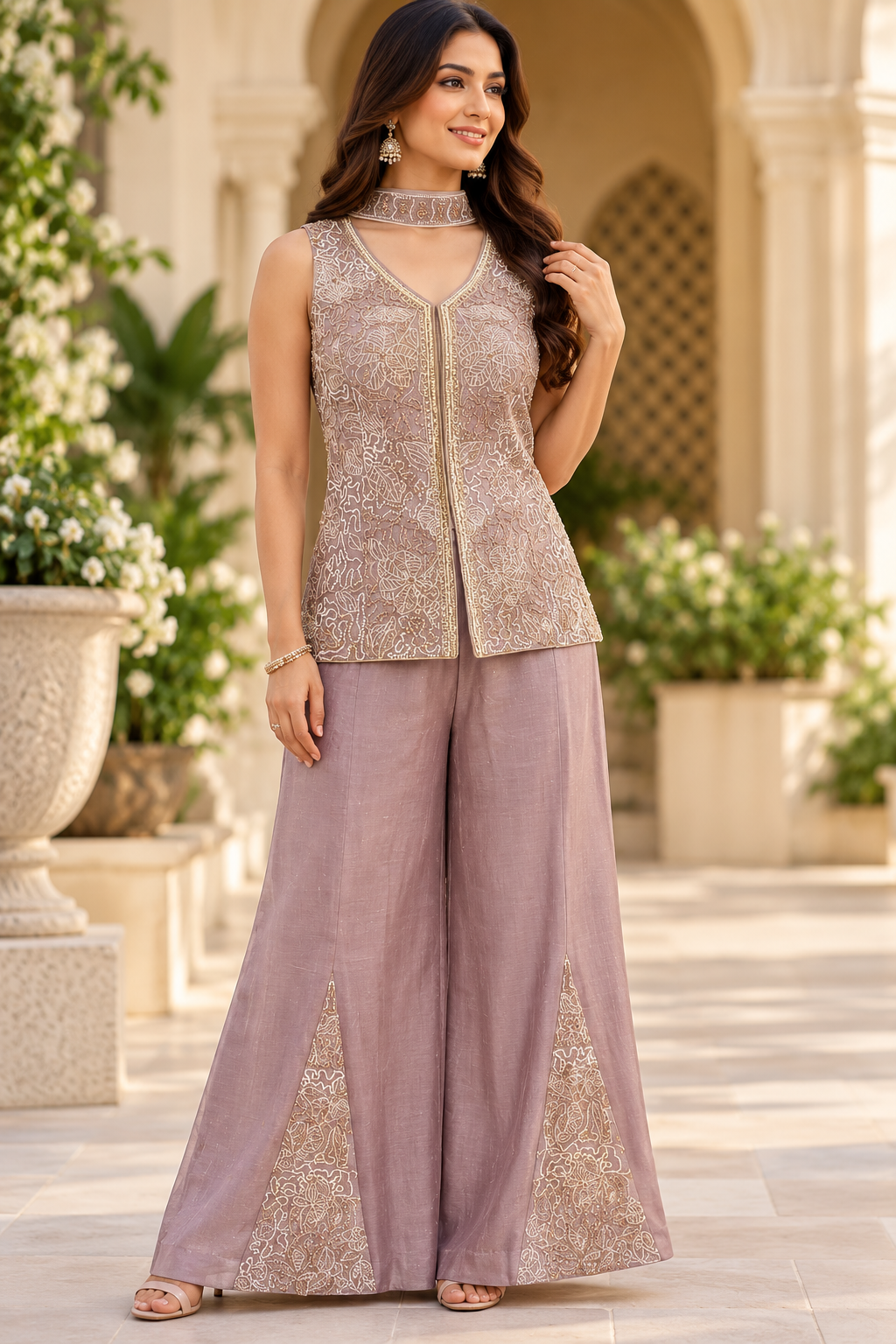 Mauve Embroidered Palazzo Set – Size L | Full Sleeve Optional