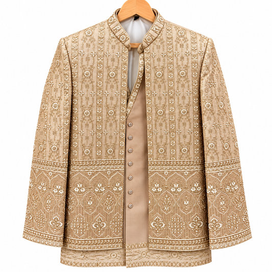 Men's Beige Gold Embroidered Sherwani with Matching Kurta and Trousers – Elegant Indian Wedding Wear