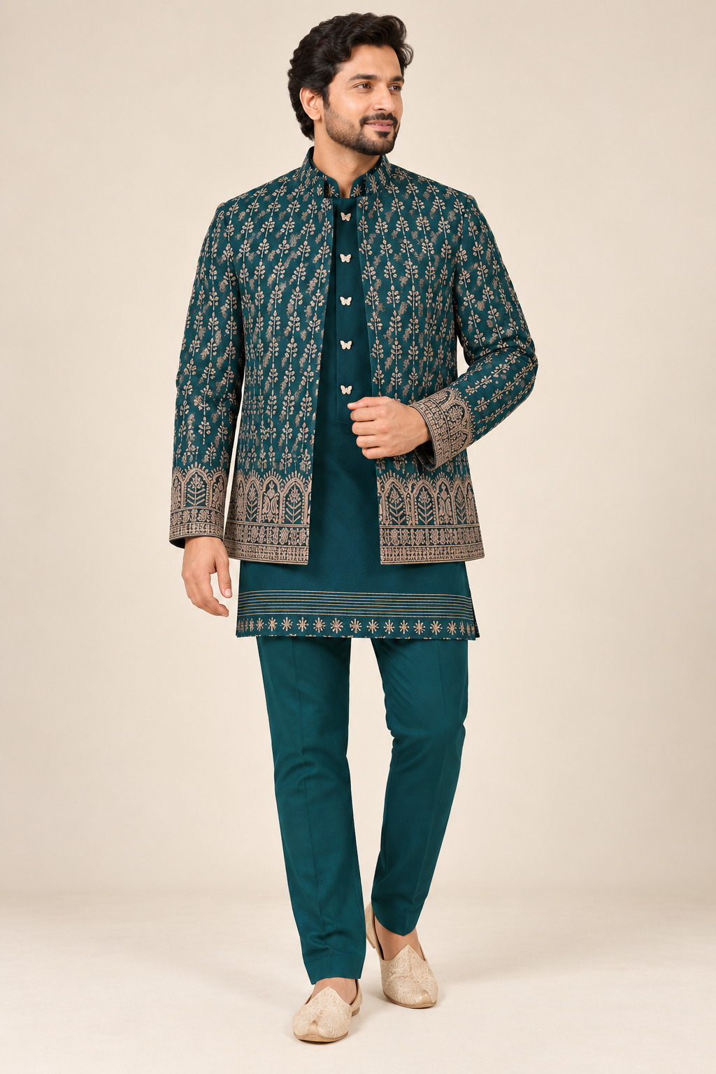 Teal Blue Men's Embroidered Kurta Set with Designer Jacket