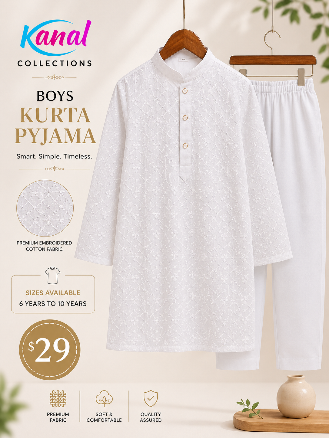 tudio product display of the Kanal Collections boys white embroidered traditional cotton kurta and matching straight-cut pyjama trousers on wooden hangers.