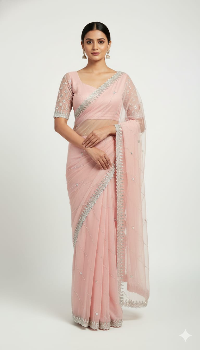 Rose Pure Organza Saree with Intricate Hand-Beaded Artistry