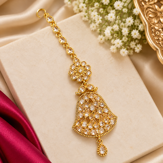 Gold-Tone Crystal Jhumar Maang Tikka – Indian Bridal Jewellery