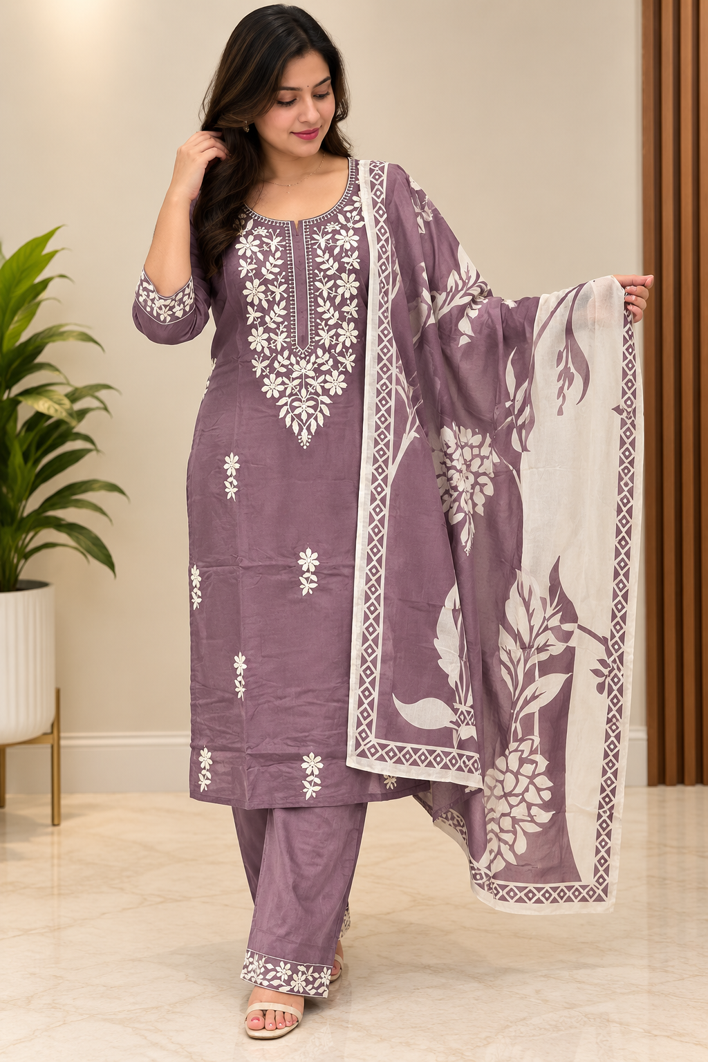 Mauve Embroidered Rayon 3-Piece Kurta Dupatta Set