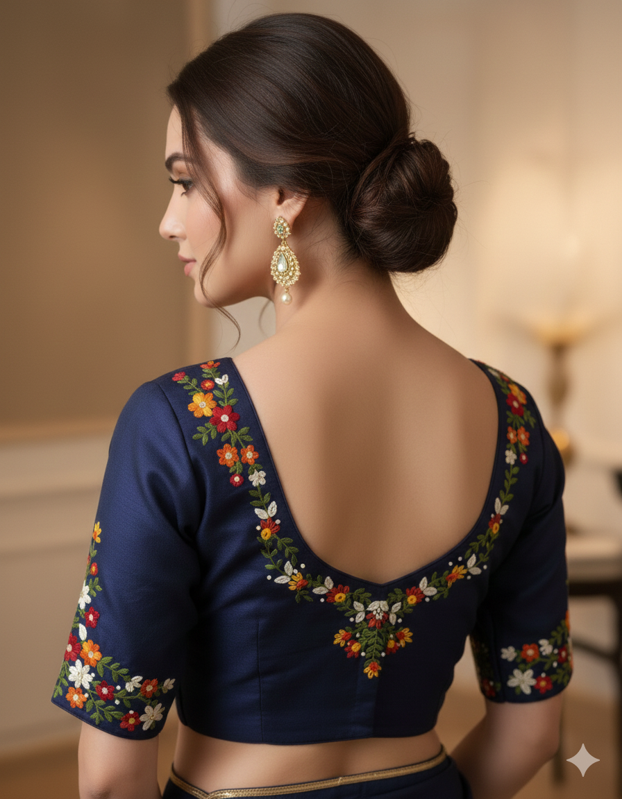 Midnight Blue Floral Embroidered Festive Blouse (Size 40+ Margin)