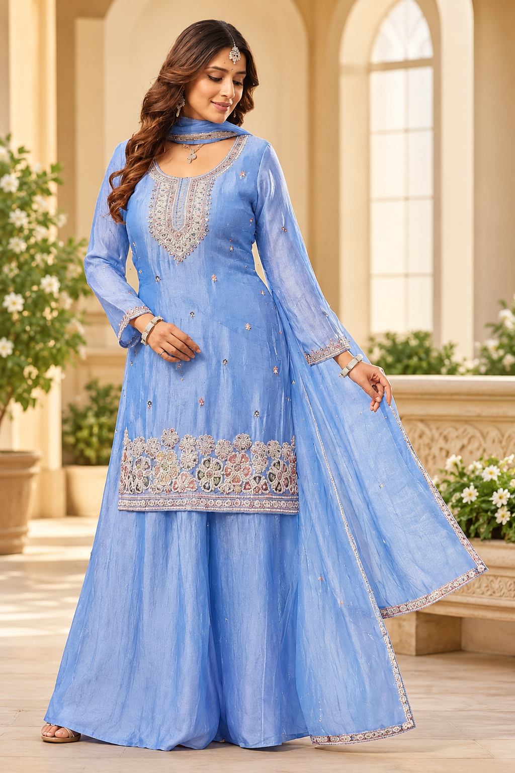Elegant Pastel Blue Embroidered Top+Skirt Suit – L & XL