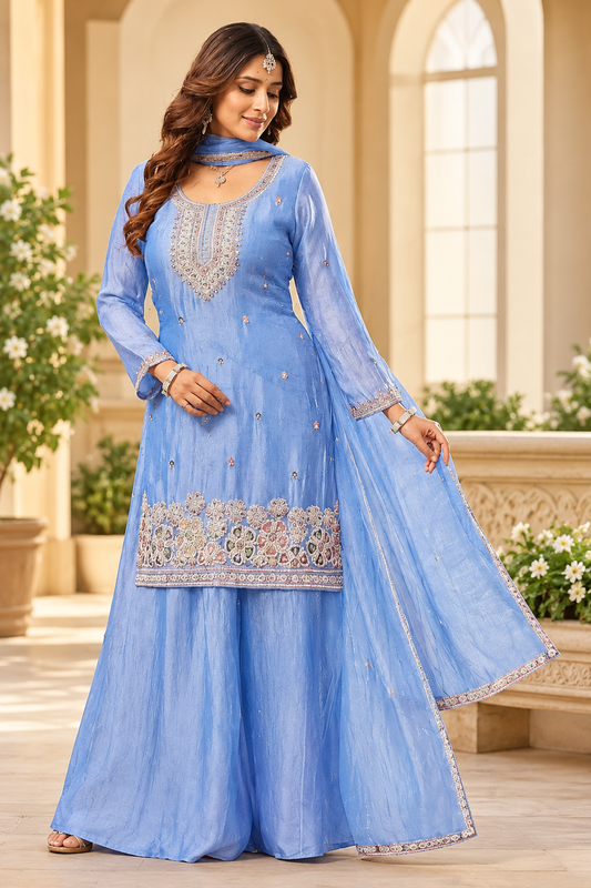 Elegant Pastel Blue Embroidered Top+Skirt Suit – L & XL