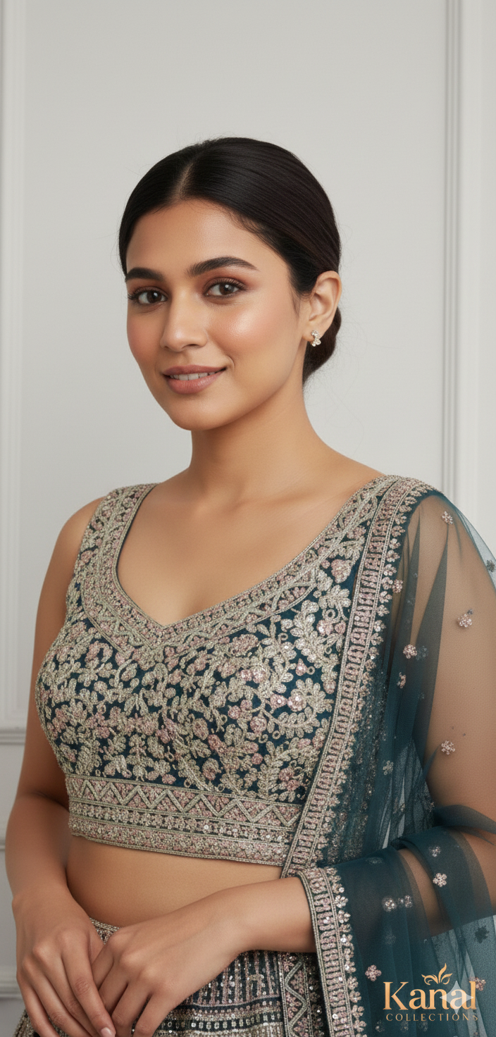 Deep Teal Ornate Semi-Bridal Lehenga Set – Size XL