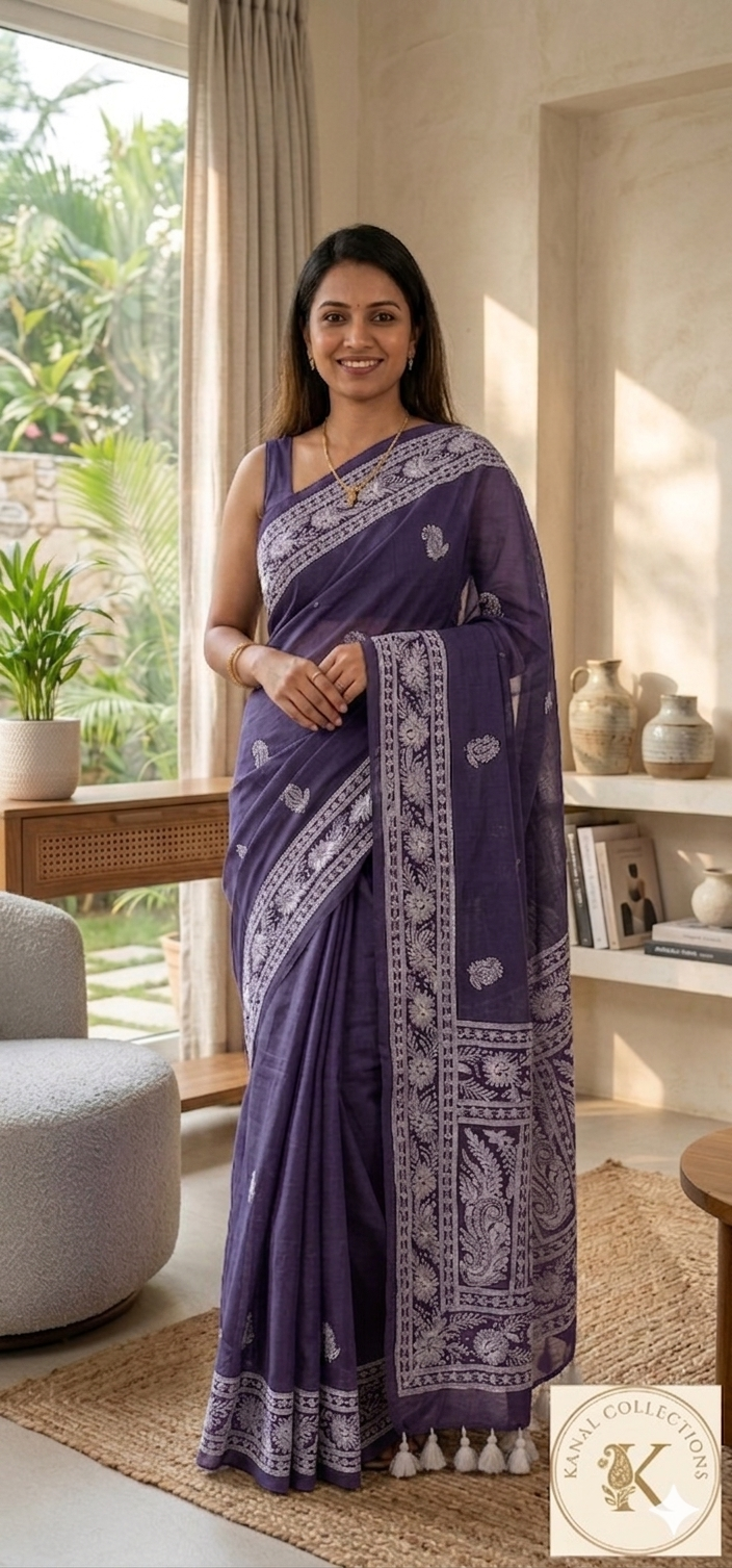 Deep Purple Mul Cotton Saree with White Paisley Embroidery