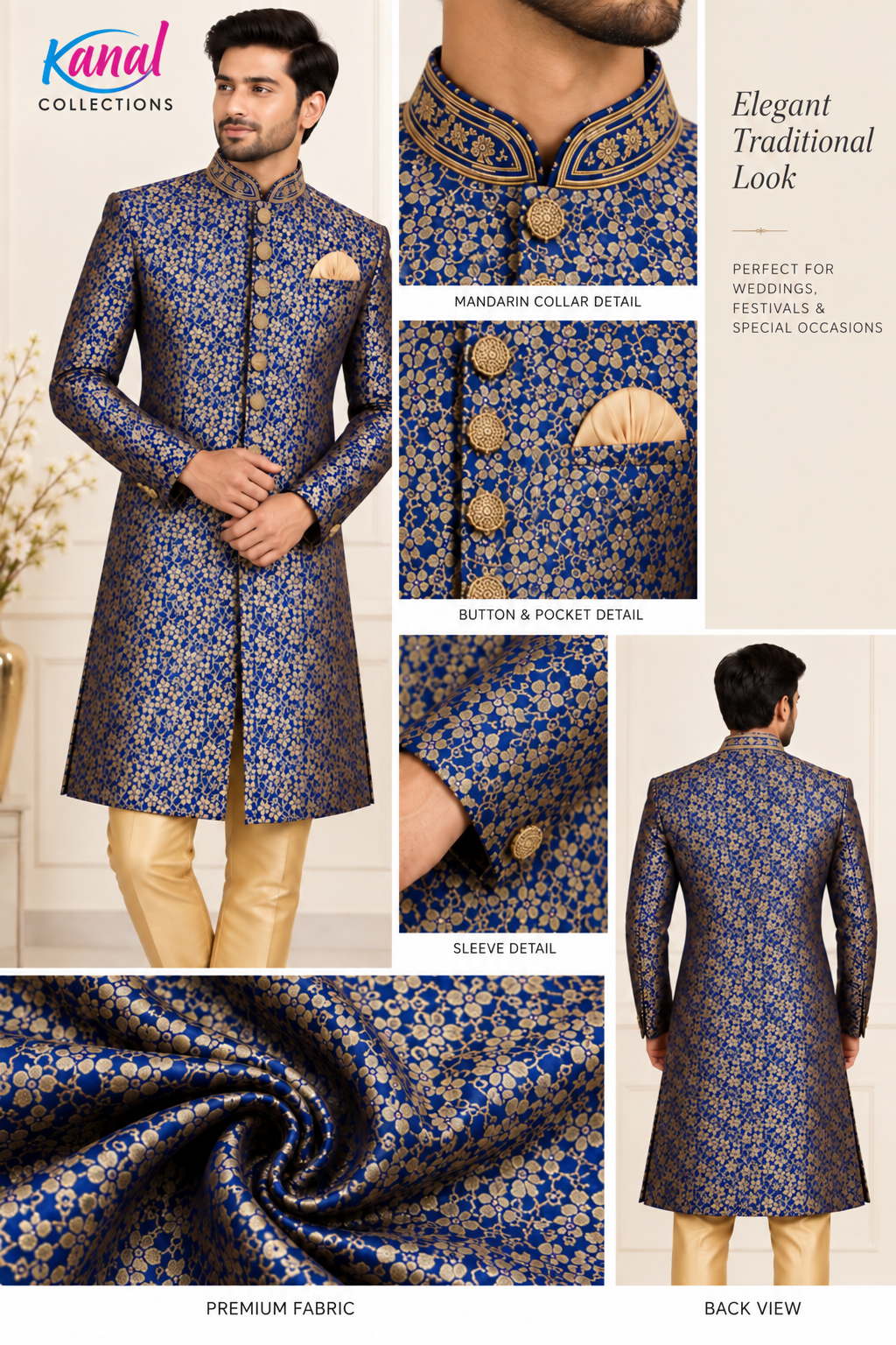Royal Blue & Gold Designer Sherwani for Men | Kanal Collections