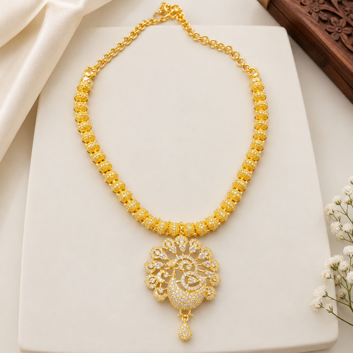 Gold Peacock Pendant Necklace | Traditional Indian CZ Jewellery | Statement Necklace