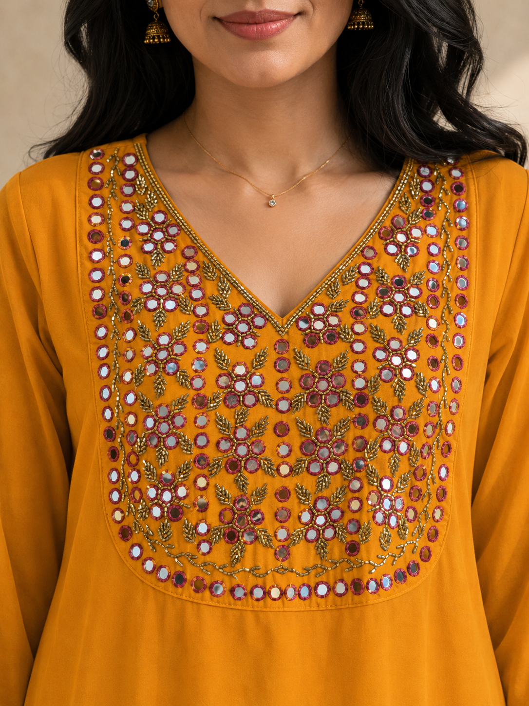 Vibrant Mustard Georgette Kurti with Intricate Mirror & Bead Work