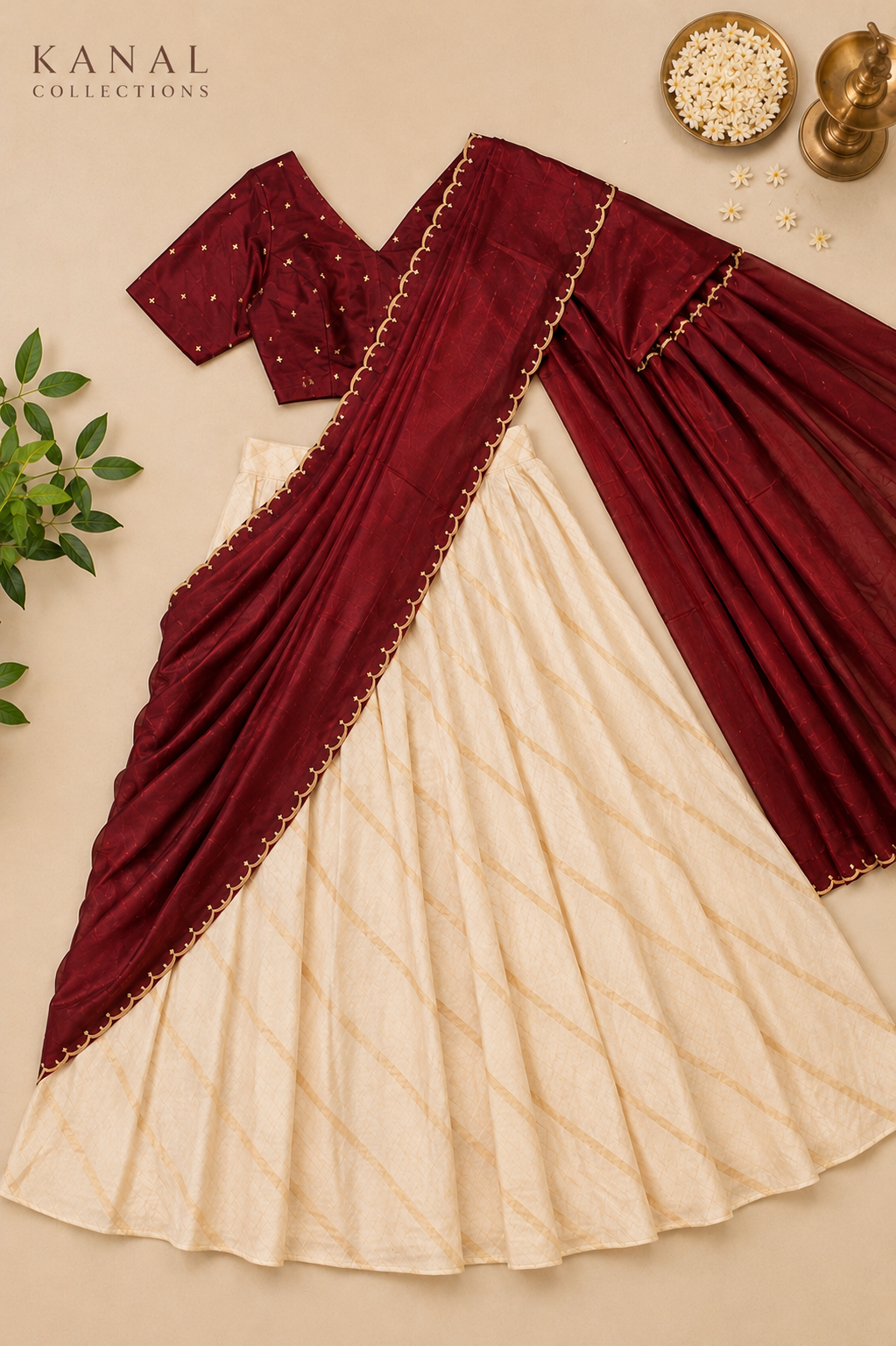 Maroon Kerala Half Saree (Dhavani) with Cream Flared Skirt | Kanal Collections Australia