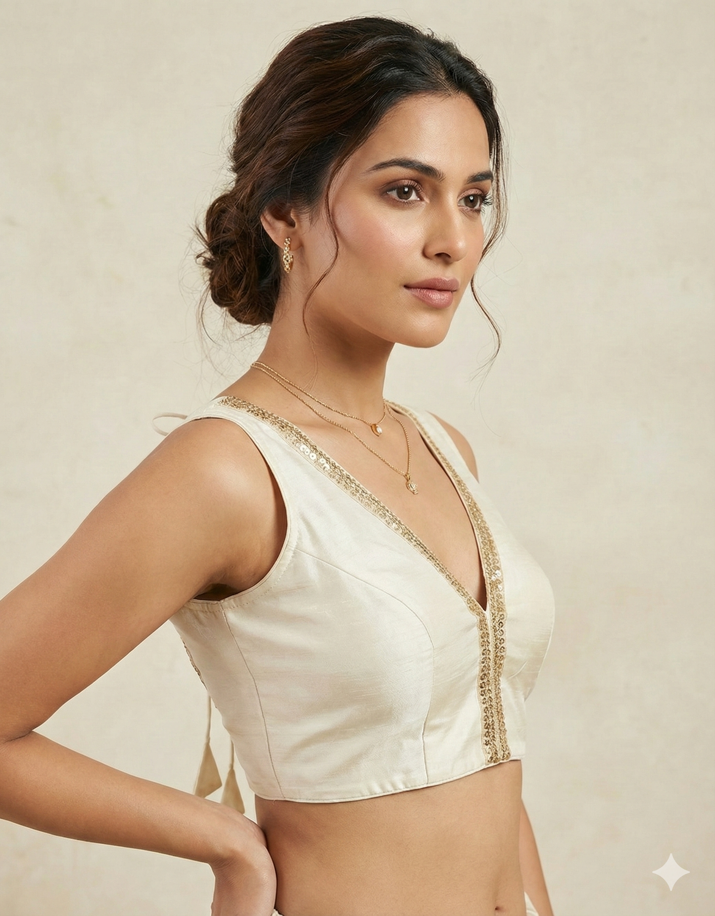 V-Neck Saree Blouse with Attached Sleeves  (Size 38 + Margin)