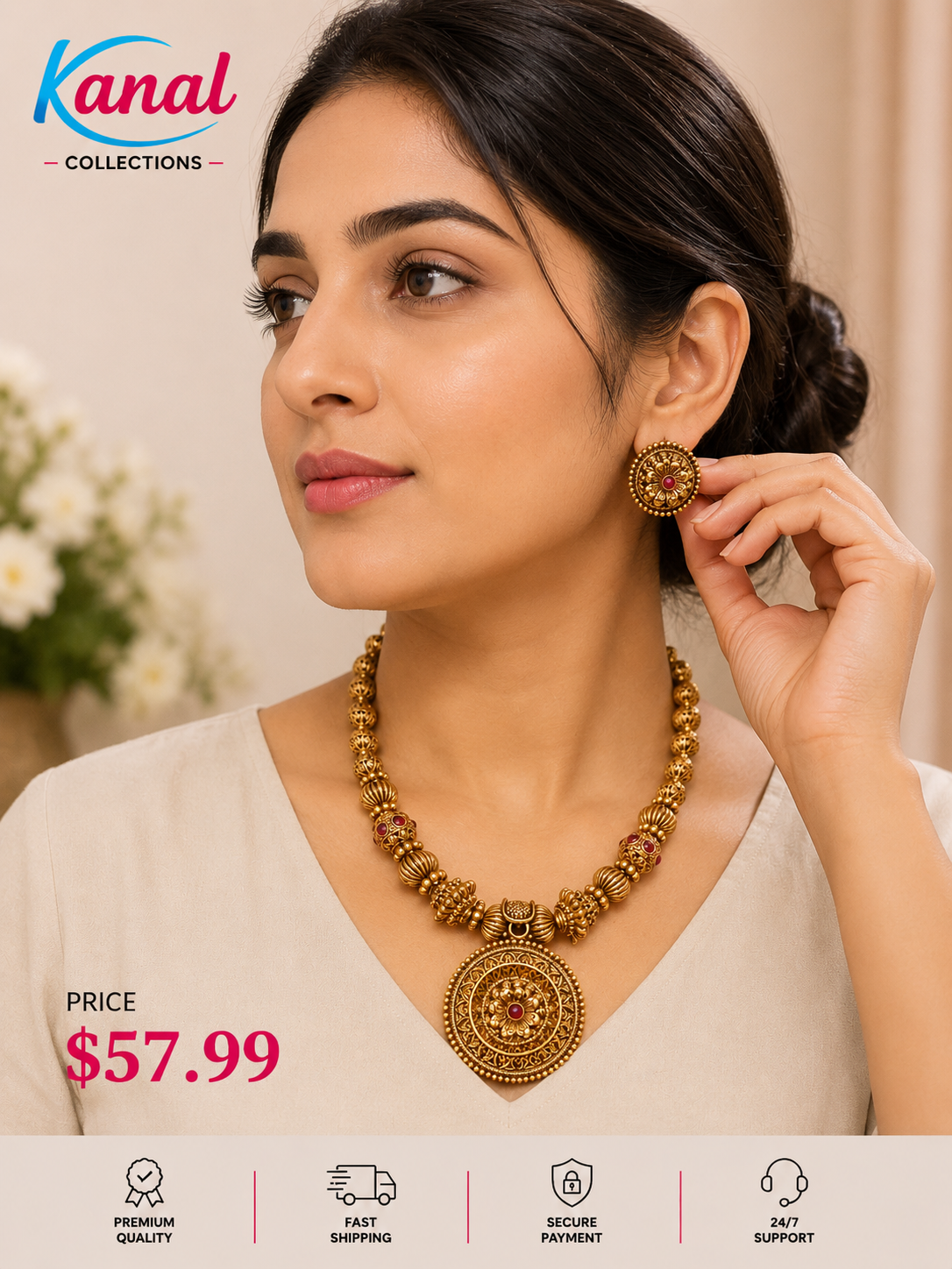 Antique Gold Mandala Pendant Necklace & Stud Earrings Set | Kanal Collections