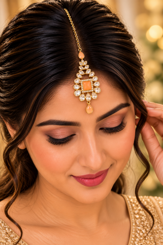 Peach Stone Gold Maang Tikka – Indian Bridal Jewellery