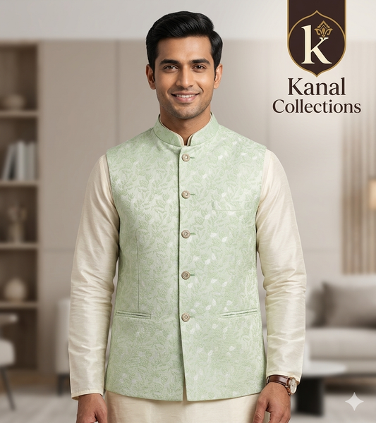 Mint Green Leaf Jacquard Silk-Blend Modi Jacket