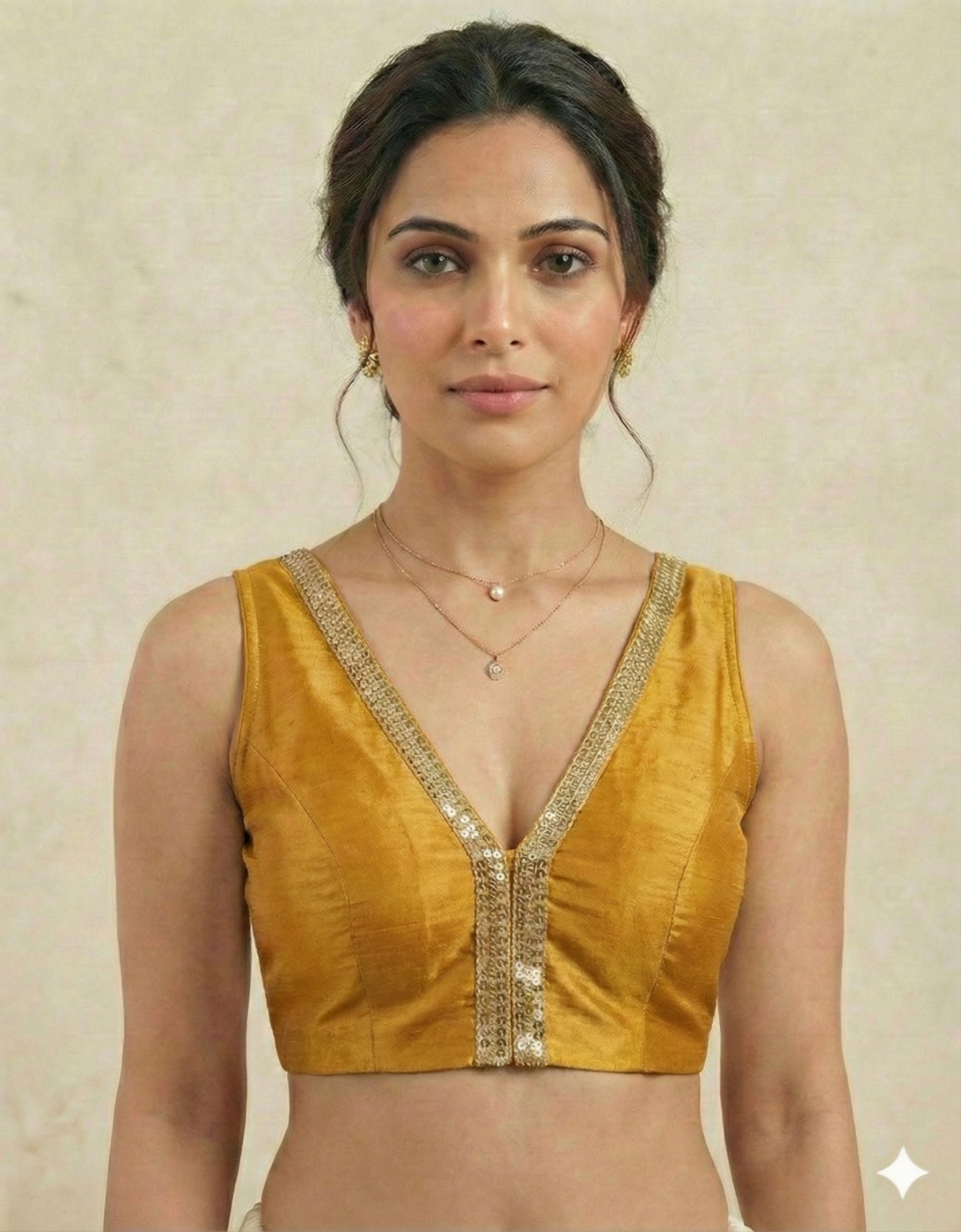 V-Neck Saree Blouse with Attached Sleeves  (Size 38 + Margin)