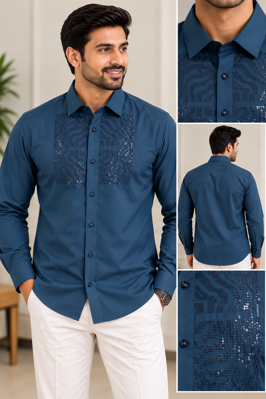 Men’s Teal Blue Embroidered Sequin Shirt | Long Sleeve