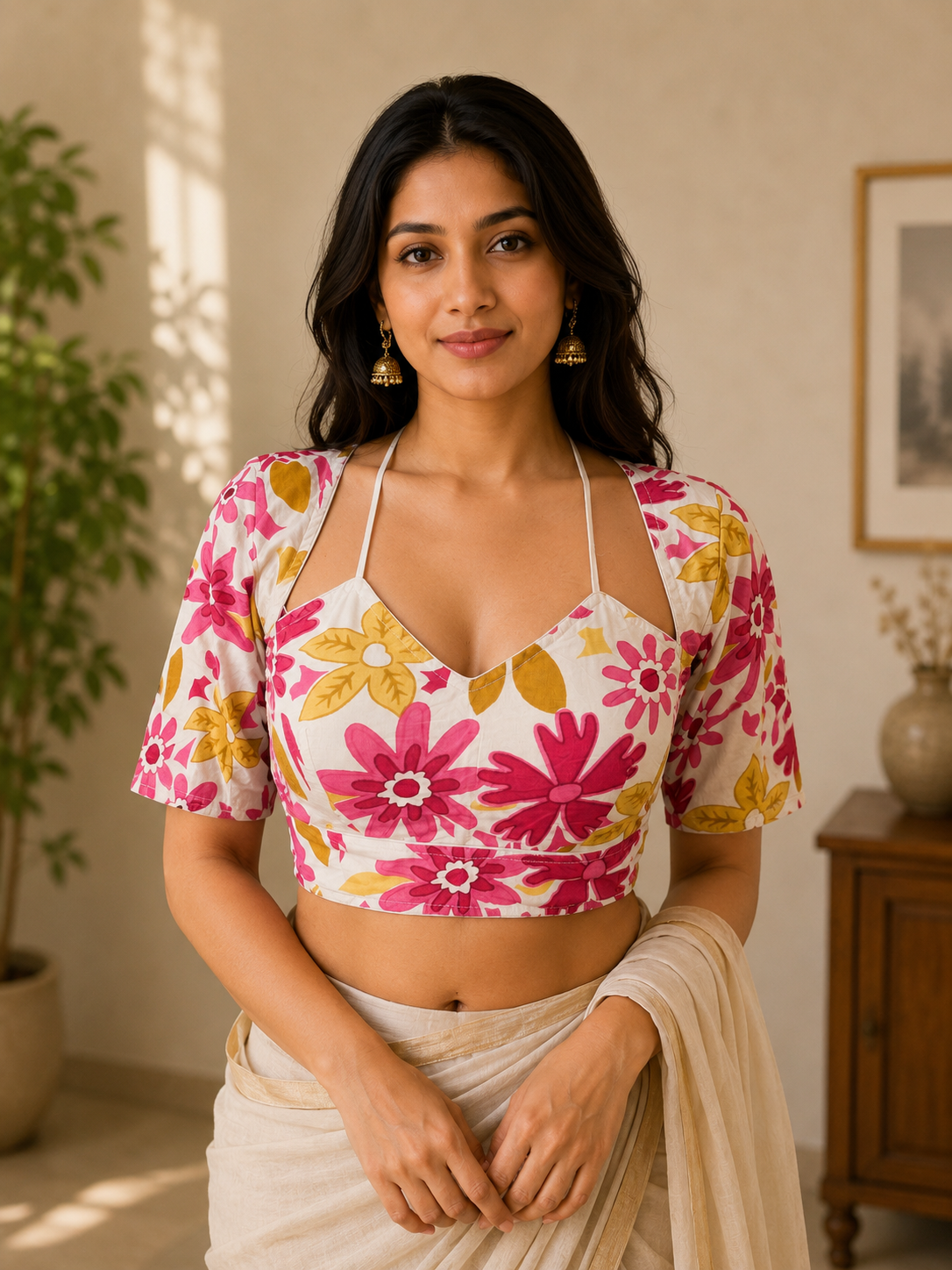 Candy Pink & Mustard Floral Mock-Jacket Sweetheart Cotton Blouse