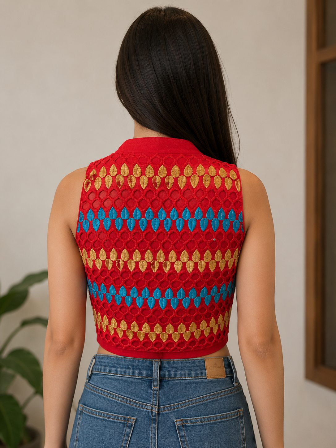 Vibrant Red Cotton Blouse with Intricate Embroidered Back